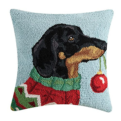 Peking Handicraft Holiday Dachshund Christmas Polyfill Hook Throw Pillow, 18-inch Square, Wool and Poly Velvet, Holiday Seasonal Decoration