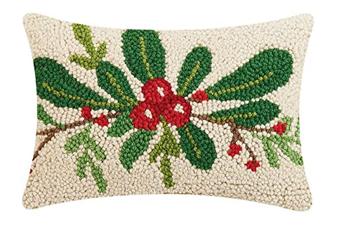 Peking Handicraft Holiday Foliage Christmas Polyfill Hook Throw Pillow, 12-inch Square, Wool and Poly Velvet, Holiday Seasonal Decoration