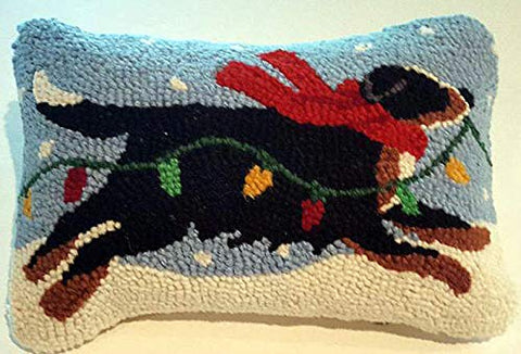 Peking Handicraft Running Bernese Mountain Dog Christmas Lights Mini Hooked Wool Pillow – 8” x 12”