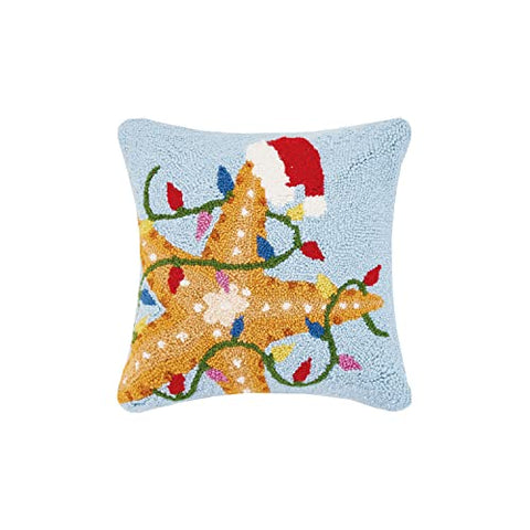 Peking Handicraft Festive Starfish Christmas Polyfill Hook Throw Pillow, 16-inch Square, Wool and Velvet Back, Holiday Seasonal Decoration