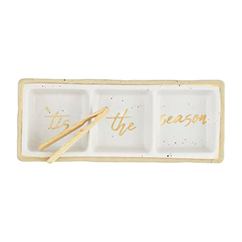 Mud Pie Gold Stoneware Triple Tidbit, dish 4 1/2" x 11" | tongs 4 1/4"