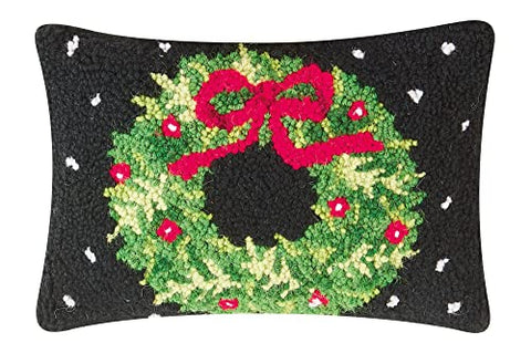 Peking Handicraft Holiday Wreath Christmas Polyfill Hook Throw Pillow, 12-inch Length, Wool and Poly Velvet, Holiday Seasonal Decoration