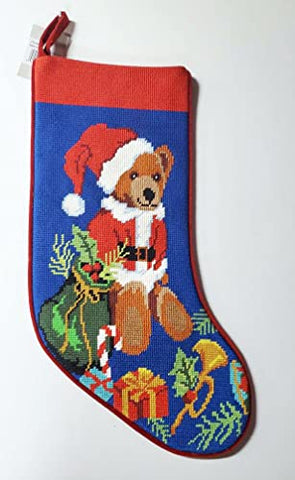 Peking Handicraft Teddy Bear Santa Gifts Embroidered Christmas Stocking - 18" x 11"
