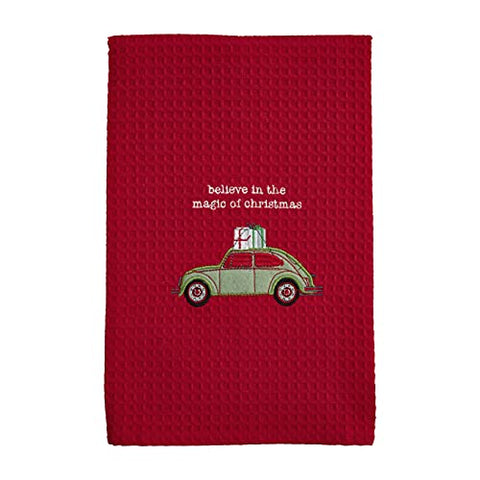 Mud Pie Christmas Waffle Towel, Green Car, 25" x 16"