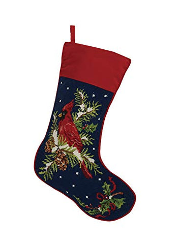 Winter Holiday Cardinal Christmas Needlepoint Stocking, 18-Inch Height, Wool and Cotton