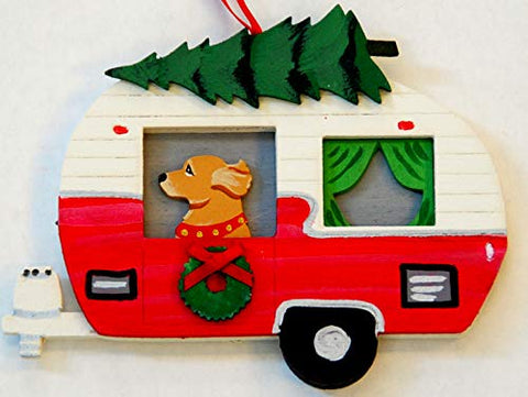 Golden Retriever Vintage Camper Trailer Wooden Hand-painted 3-dimensional Christmas Ornament - USA Made.