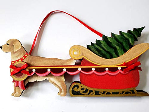 Dandy Design Golden Retriever Dog Sleigh Pull Wooden 3-Dimensional Christmas Ornament - USA Made.