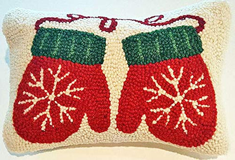 Peking Handicraft String of Red Christmas Snowflake Mittens Hooked Wool Pillow – 8” x 12”
