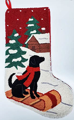 Peking Handicraft Black Labrador Retriever Toboggan Sled Christmas Hooked Stocking- Wool 21"