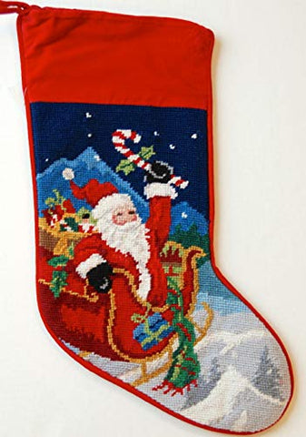 Festive Santa Red Sleigh Wool Needlepoint Christmas Stocking