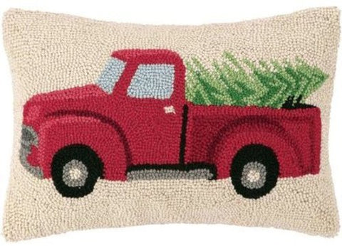 Red Pickup Reindeer Truck Hauling Home the Tree Wool Hooked Throw Pillow - 14" x 18"