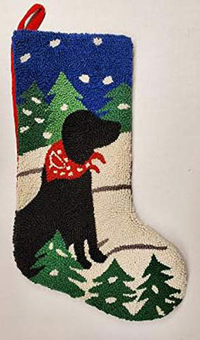 Peking Handicraft Snowy Mountain Black Labrador Retriever Dog Hooked Christmas Stocking- Wool 21"