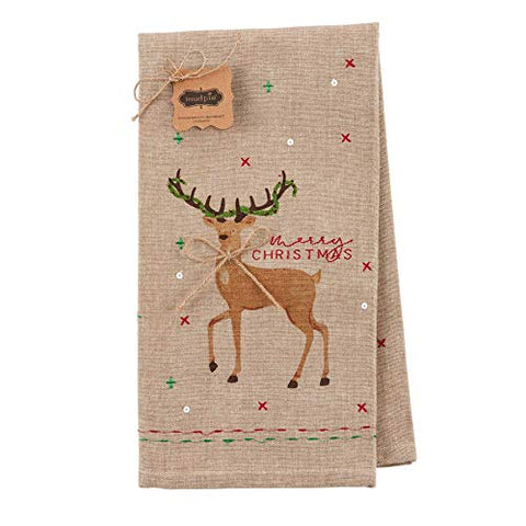 Mud Pie Merry Embellished Deer Towel, Brown, 28"" x 21"""