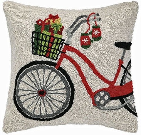 Holiday Presents on Bicycle Bike Hooked Throw Wool Pillow