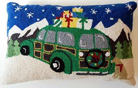 Alpine Christmas Gifts Golden Retriever Woodie Station Wagon Wool Hooked Throw Pillow - 14" x 22"