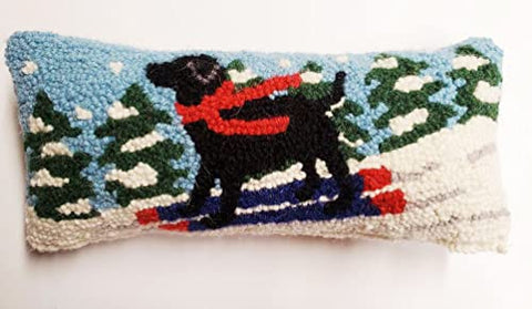Peking Handicraft Black Labrador Ski Dog Wool Pillow 5" x 12"