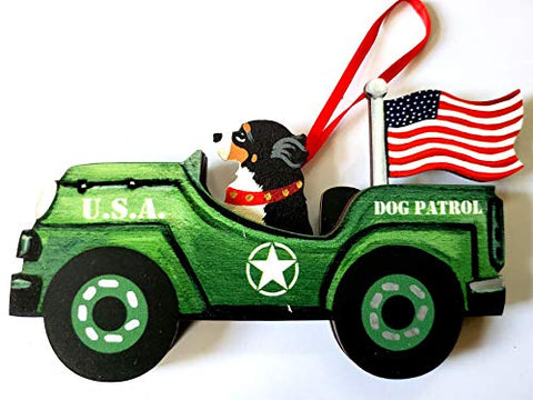 Dandy Design Bernese Mountain Dog Retro Flag Jeep Patrol Wooden 3-Dimensional Christmas Ornament - USA Made.