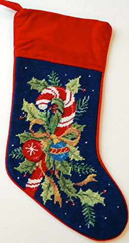 Holly and Candy Canes Wool Needlepoint Christmas Stocking