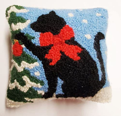 Peking Handicraft Black Cat Christmas Tree Wool Pillow 8" x 8"