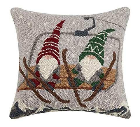 Peking Handicraft Ski Gnomes Hooked Holiday Throw Pillow - 16" x 16"