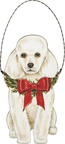 White Poodle Dog Hanging Wooden Christmas Ornament