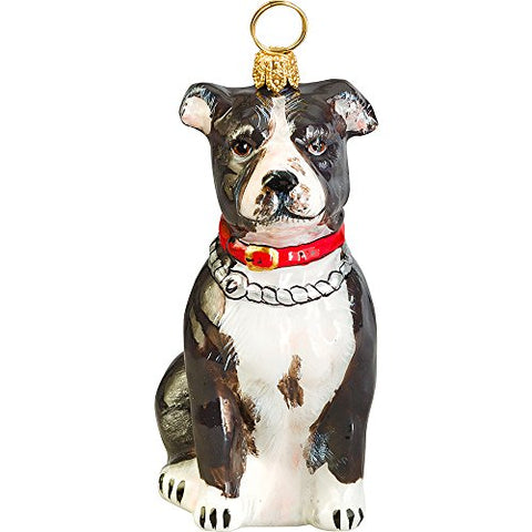 Joy To The World American Staffordshire Terrier Black White Glass Polish Christmas Ornament