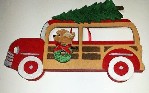 Goldendoodle Dog Vintage Retro Woodie Station Wagon Hand Painted 3-dimensional Christmas Ornament - USA Made.