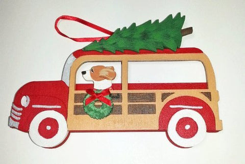 Beagle Dog Vintage Retro Woodie Station Wagon Hand Painted 3-dimensional Christmas Ornament - USA Made.