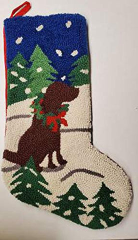 Peking Handicraft Snowy Mountain Chocolate Labrador Retriever Dog Hooked Christmas Stocking- Wool 21"