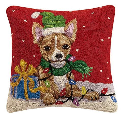 Brown Chihuahua Christmas Lights Holiday Hook Pillow, 16" Wool