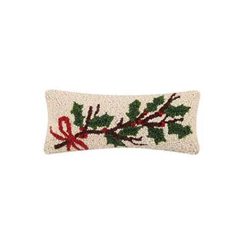 Peking Handicraft Holly Branch Hooked Christmas Pillow, 12" x 5"