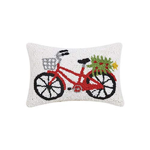 Peking Handicraft Christmas Red Bike Bicycle Hooked Pillow - 12" x 8"