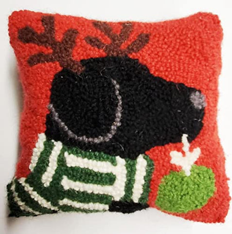 Peking Handicraft Black Lab Reindeer Dog Hook Wool Pillow 8" x 8"