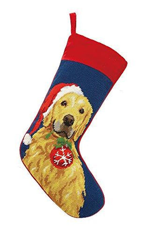 Golden Retriever with Santa Hat and Ornament Christmas Stocking, Wool Needlepoint, 11 Inch X 18 Inch