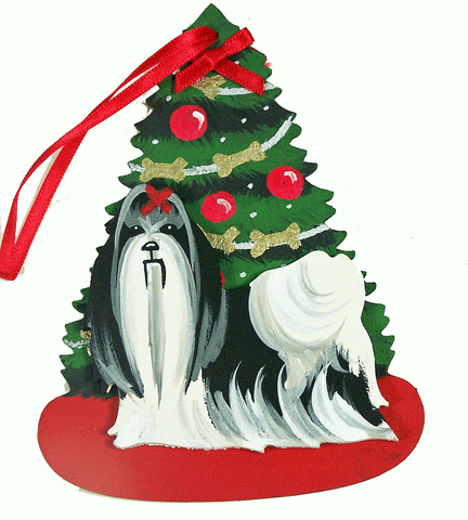 The Christmas Tree Dog Wood 3-D Hand Painted Ornament - Black & White Shih Tzu