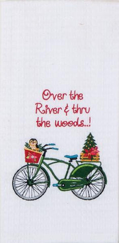 Over The River Christmas Quote Bike Embroidered 100% Cotton Waffle Dish Towel / Tea Towel, 18" x 28"