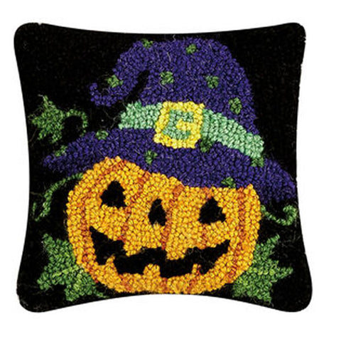 Jack-O-Lantern Witch Hooked Halloween Wool Pillow - 8" x 8"