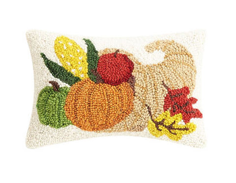 Thanksgiving Autumn Cornucopia Pumpkin Hooked Wool Pillow - 12" x 5"