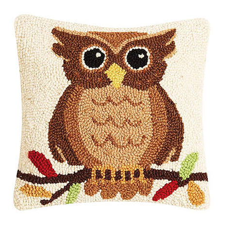 Autumn Forest Hoot Owl Wool Hooked Pillow - 10" x 10"
