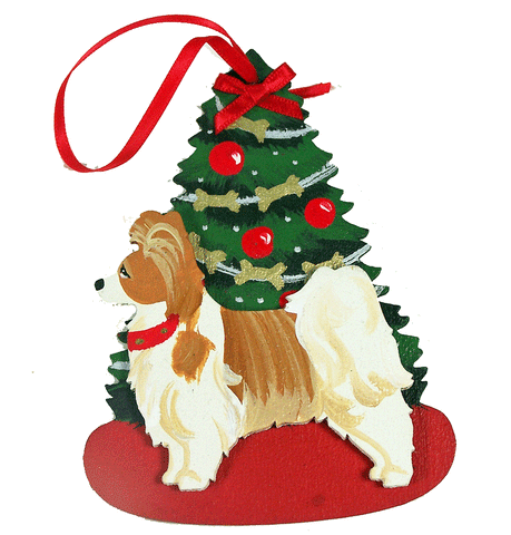 The Christmas Tree Dog Wood 3-D Hand Painted Ornament - Papillon