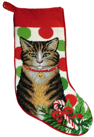 Tabby Cat Polka Dots Christmas Needlepoint Stocking - 11" x 18"