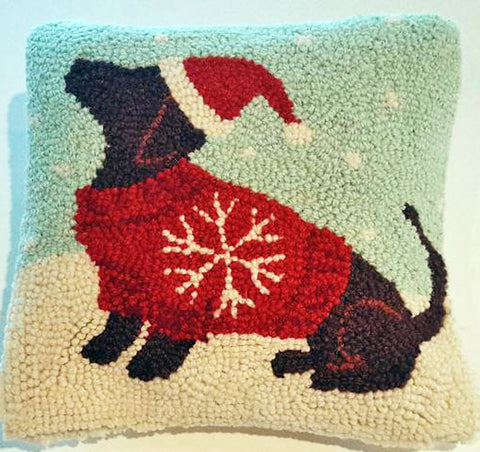 Peking Handicraft Snowflake Sweater Red Dachshund Dog Mini Hooked Wool Pillow – 10" x 10"