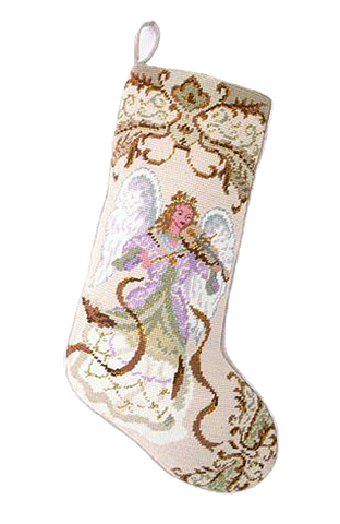 Gold Musical Angel with Violin Christmas Needlepoint Stocking - 11" x 18"