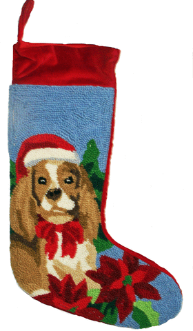 Red Velvet Cuffed Blenheim Cavalier King Charles Spaniel Dog Hooked Christmas Stocking - 13" x 21"