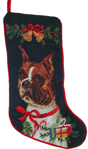 Cropped Ear Boxer Dog Christmas Needlepoint Stocking - 11" x 18"