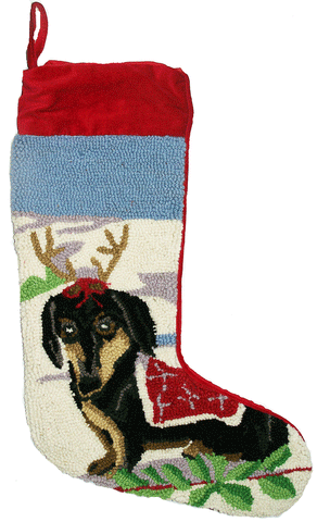 Red Velvet Cuffed Black Tan Dachshund Dog Hooked Christmas Stocking - 13" x 21"