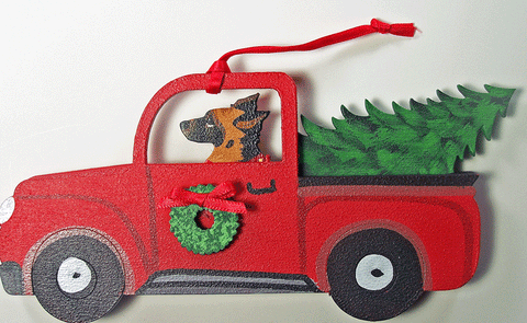 Retro Truck Dog Wood 3-D Hand Painted Ornament - German Shepherd Dog