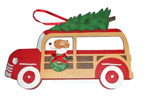 Woodie Station Wagon Dog Wood 3-D Hand Painted Ornament - Beagle Hound Dog