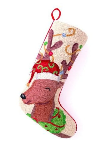 Festive Reindeer Hook Wool Christmas Stocking 13x21"