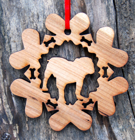 Cherry Wood Laser Cut Dog Bone Snowflake Christmas Ornament - English Bulldog